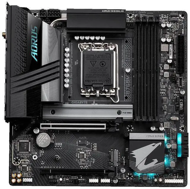 Alt view image 8 of 12 - GIGABYTE B760M AORUS Pro AX (LGA 1700/ Intel/ B760/ M-ATX/ DDR5/ Dual M.2/ PCIe 4.0/ USB 3.2 Gen2X2 Type-C/Intel Wi-Fi 6E/ 2.5GbE LAN/Q-Flash Plus/PCIe EZ-Latch/Gaming Motherboard)