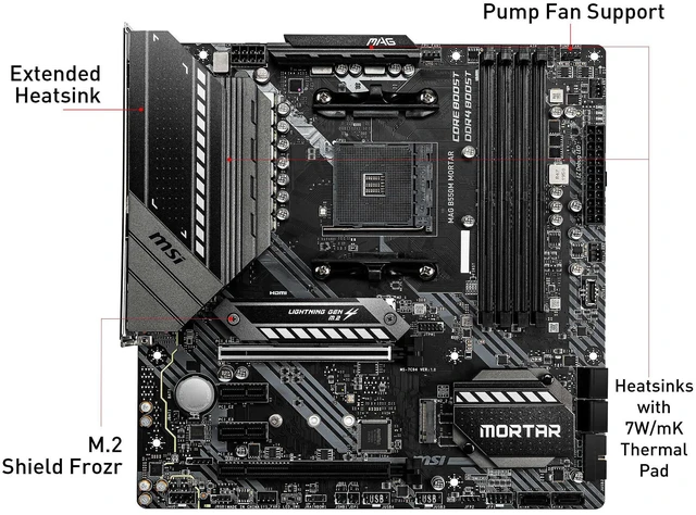 Alt view image 5 of 10 - MSI AM4 AMD Micro ATX Motherboard MAG B550M MORTAR AM4 AMD B550 SATA 6Gb/s Micro ATX AMD Motherboard