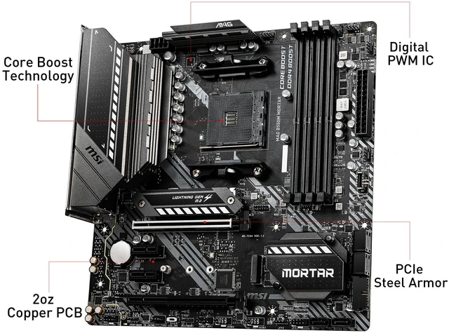 Alt view image 7 of 10 - MSI AM4 AMD Micro ATX Motherboard MAG B550M MORTAR AM4 AMD B550 SATA 6Gb/s Micro ATX AMD Motherboard