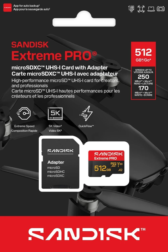 Alt view image 10 of 10 - SanDisk 512GB Extreme PRO microSD A2 microSDXC UHS-I U3 C10 A2 V30, up to 250MB/s for 4K UHD Video Memory Card + Adapter SDSQXCJ-512G-GS6MA