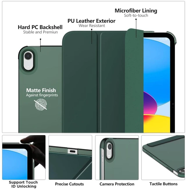 Alt view image 10 of 14 - MoKo for iPad (A16) 11th Generation Case,iPad 10th Gen Case, Midnight Green | For iPad 11/10.9 Inch Case 2025/2022, Slim Stand Hard PC Translucent Back Shell Smart Cover,Support Touch ID,Auto Wake