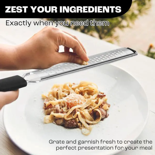 Alt view image 6 of 7 - Zester Grater, Fine Stainless Steel Lemon Zester | Cheese shredder for Kitchen, Ideal for parmesan, Garlic, Nutmeg, Chocolate, Fruits, Vegetables Black