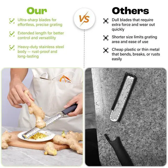 Alt view image 5 of 7 - Zester Grater, Fine Stainless Steel Lemon Zester | Cheese shredder for Kitchen, Ideal for parmesan, Garlic, Nutmeg, Chocolate, Fruits, Vegetables Black