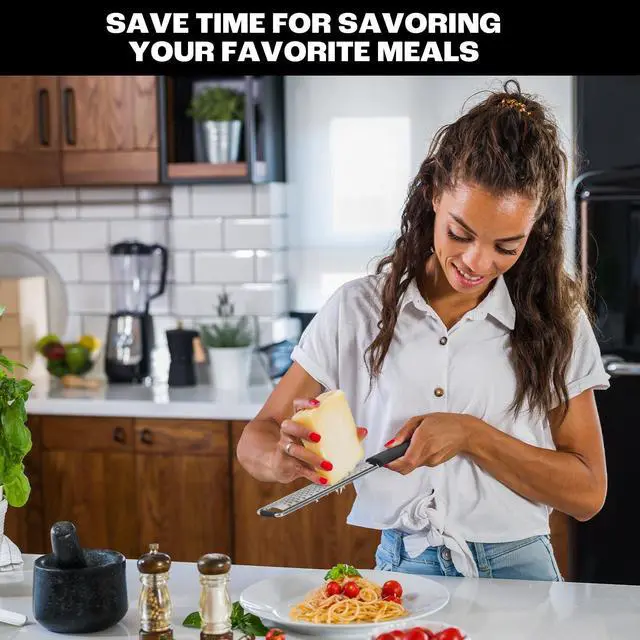 Alt view image 7 of 7 - Zester Grater, Fine Stainless Steel Lemon Zester | Cheese shredder for Kitchen, Ideal for parmesan, Garlic, Nutmeg, Chocolate, Fruits, Vegetables Black