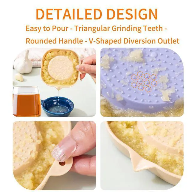 Alt view image 6 of 7 - 2 PCS Manual Garlic Grater, 2 in 1 Garlic Press and Dipping Sauce Plate, Portable Garlic Crusher with Handle, Multifunctional Fruits Vegetable Ginger Mincer Kitchen Tool (Yellow Pink)