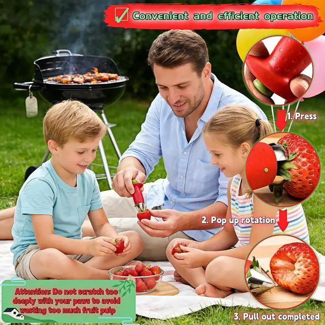 Alt view image 4 of 7 - Strawberry Huller Stem Remover, Stainless Steel Fruit Corer Tool for Strawberries, Tomatoes, Pineapples, Red/Green, 2 Pack