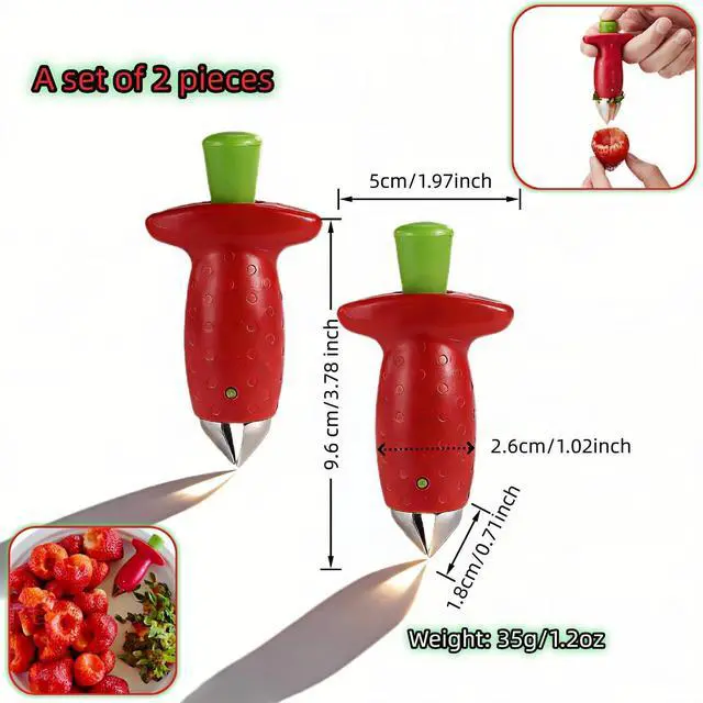 Alt view image 2 of 7 - Strawberry Huller Stem Remover, Stainless Steel Fruit Corer Tool for Strawberries, Tomatoes, Pineapples, Red/Green, 2 Pack