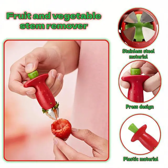 Alt view image 3 of 7 - Strawberry Huller Stem Remover, Stainless Steel Fruit Corer Tool for Strawberries, Tomatoes, Pineapples, Red/Green, 2 Pack