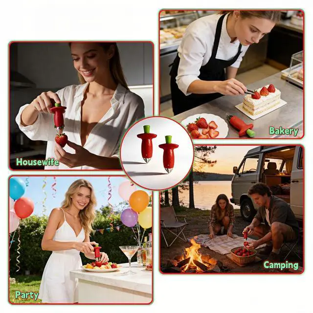 Alt view image 7 of 7 - Strawberry Huller Stem Remover, Stainless Steel Fruit Corer Tool for Strawberries, Tomatoes, Pineapples, Red/Green, 2 Pack