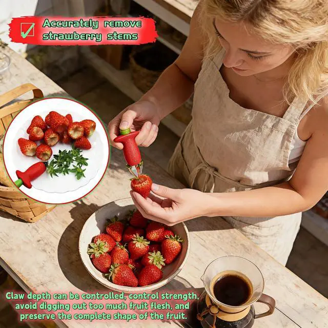 Alt view image 5 of 7 - Strawberry Huller Stem Remover, Stainless Steel Fruit Corer Tool for Strawberries, Tomatoes, Pineapples, Red/Green, 2 Pack