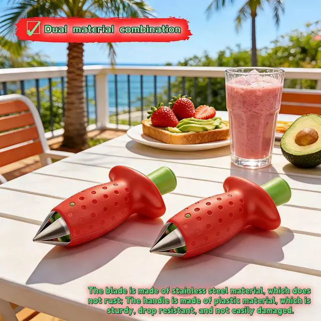 Alt view image 6 of 7 - Strawberry Huller Stem Remover, Stainless Steel Fruit Corer Tool for Strawberries, Tomatoes, Pineapples, Red/Green, 2 Pack