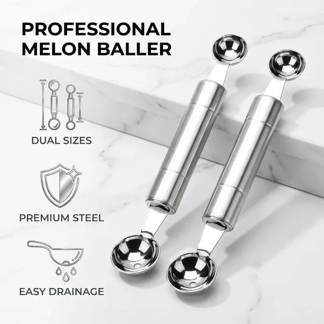 Alt view image 3 of 7 - 2 in 1 Stainless Steel Melon Ballers Melon Scoop,Double-Sided Fruit Melon Baller Spoon, Suitable Watermelon Cantaloupe Ice Cream Comfortable Non-Slip Grip