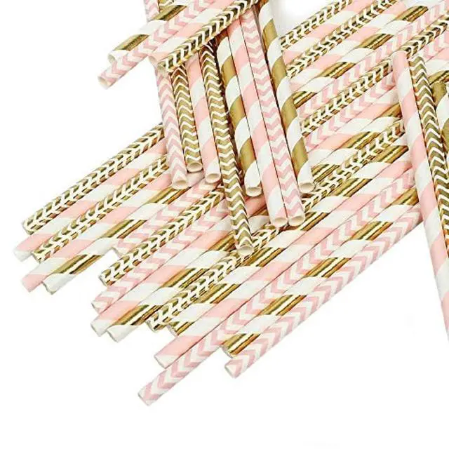 Alt view image 2 of 6 - Biodegradable Paper Straws, 100 Pack Pink for Party Supplies, Birthday, Wedding, Bridal/Baby Shower Decorations and Holiday Celebrations
