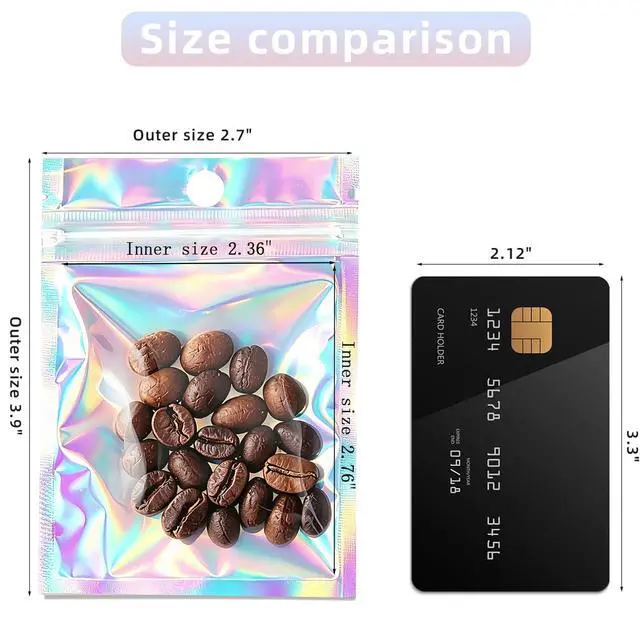 Alt view image 2 of 7 - 100Pcs Holographic Packaging Bags, 2.7x3.9 inch Resealable Foil Pouch | Mylar Sample Bag Great for Small Business and Party Favor Food Storage Favors, Small Business Packaging