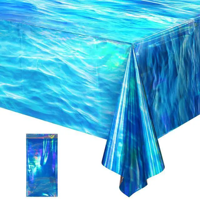 Main image of 1Pcs 54 x 108 Inch Iridescent Ocean Waves Plastic Tablecloths | Disposable Blue Table Cloth Rectangle Table Covers for Under the Sea Beach Pool Party Birthday Party Decorations