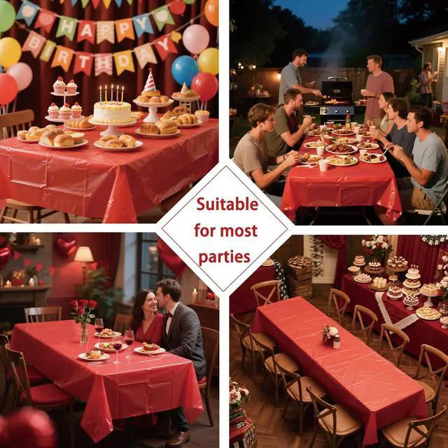 Alt view image 5 of 6 - Disposable Red Tablecloth 2 Pack, 54 X 108 Inch Red Plastic Table Cloths Rectangle for Birthday, Wedding Christmas and Valentine's Day Decoration