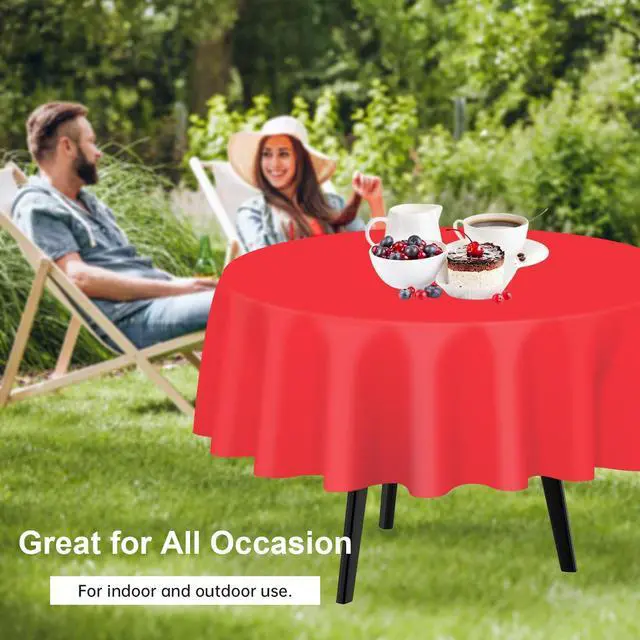 Alt view image 4 of 7 - 2 Pack Red Round Plastic Tablecloth Disposable | 84 Inch Circle Table Cloth for Valentines, Mothers Day, Birthday Party, Christmas Decorations