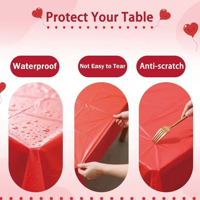 Alt view image 3 of 6 - Disposable Red Tablecloth 2 Pack, 54 X 108 Inch Red Plastic Table Cloths Rectangle for Birthday, Wedding Christmas and Valentine's Day Decoration
