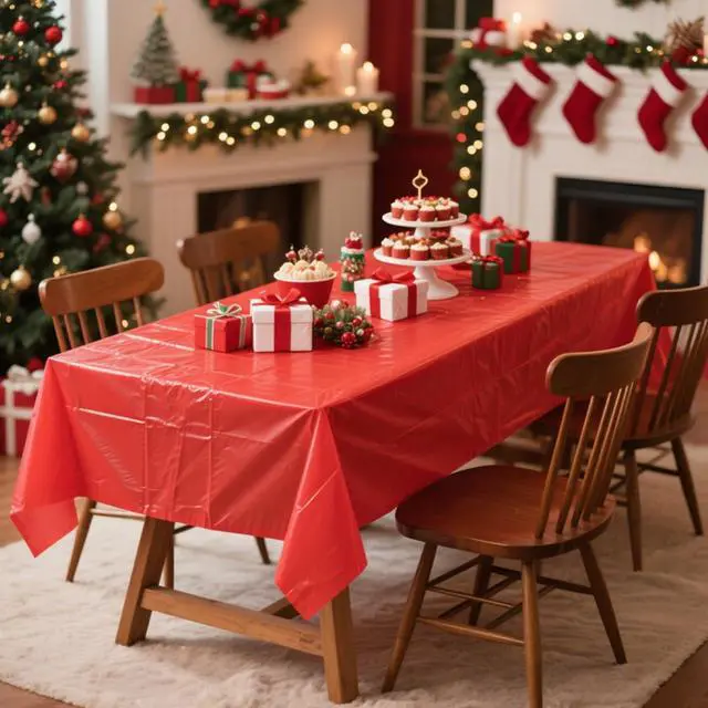 Alt view image 6 of 6 - Disposable Red Tablecloth 2 Pack, 54 X 108 Inch Red Plastic Table Cloths Rectangle for Birthday, Wedding Christmas and Valentine's Day Decoration
