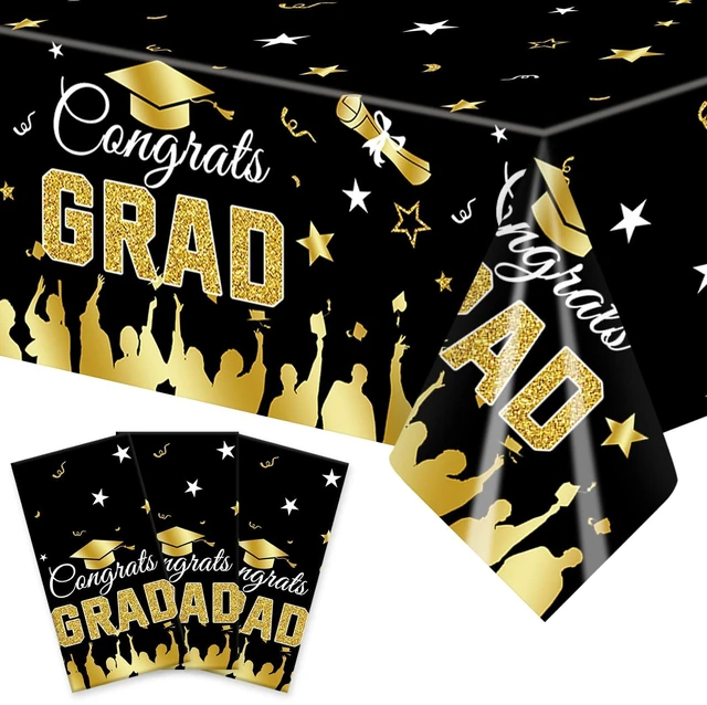 Main image of 3-Piece 54 x 108 Inch Graduation Plastic Tablecloth - Congrats Grad Design Disposable Rectangle Table Cover for College High School Class of 2026 Graduation Party Supplies Indoor Outdoor (Black)