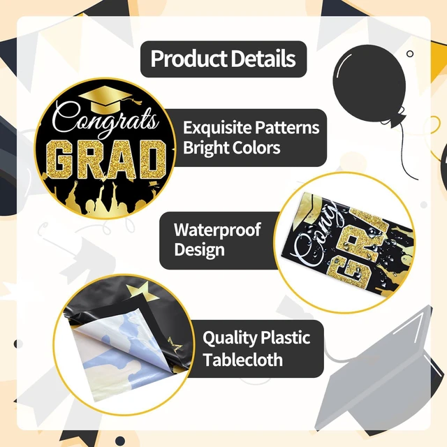 Alt view image 3 of 7 - 3-Piece 54 x 108 Inch Graduation Plastic Tablecloth - Congrats Grad Design Disposable Rectangle Table Cover for College High School Class of 2026 Graduation Party Supplies Indoor Outdoor (Black)