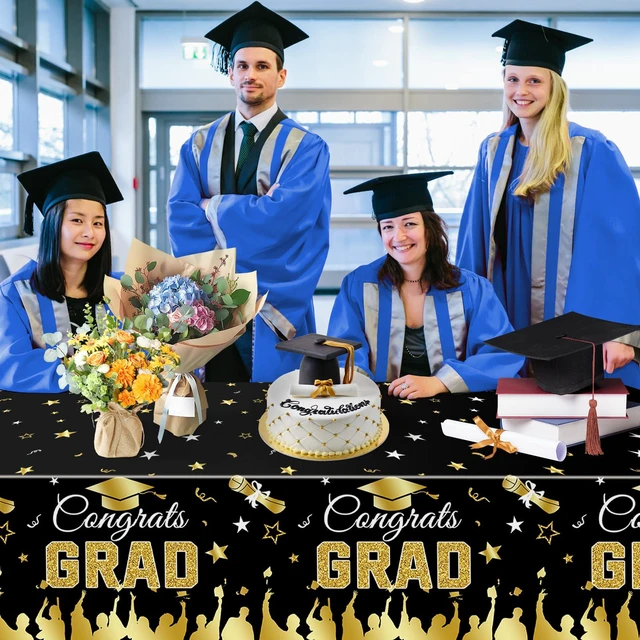 Alt view image 5 of 7 - 3-Piece 54 x 108 Inch Graduation Plastic Tablecloth - Congrats Grad Design Disposable Rectangle Table Cover for College High School Class of 2026 Graduation Party Supplies Indoor Outdoor (Black)