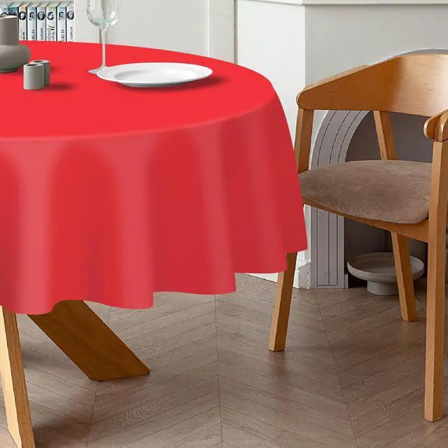 Alt view image 6 of 7 - 2 Pack Red Round Plastic Tablecloth Disposable | 84 Inch Circle Table Cloth for Valentines, Mothers Day, Birthday Party, Christmas Decorations