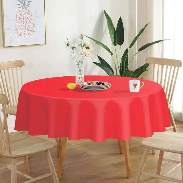 Alt view image 2 of 7 - 2 Pack Red Round Plastic Tablecloth Disposable | 84 Inch Circle Table Cloth for Valentines, Mothers Day, Birthday Party, Christmas Decorations