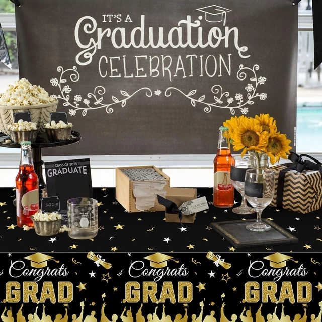 Alt view image 7 of 7 - 3-Piece 54 x 108 Inch Graduation Plastic Tablecloth - Congrats Grad Design Disposable Rectangle Table Cover for College High School Class of 2026 Graduation Party Supplies Indoor Outdoor (Black)