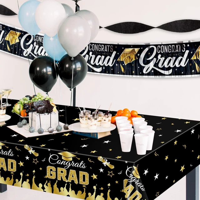 Alt view image 6 of 7 - 3-Piece 54 x 108 Inch Graduation Plastic Tablecloth - Congrats Grad Design Disposable Rectangle Table Cover for College High School Class of 2026 Graduation Party Supplies Indoor Outdoor (Black)