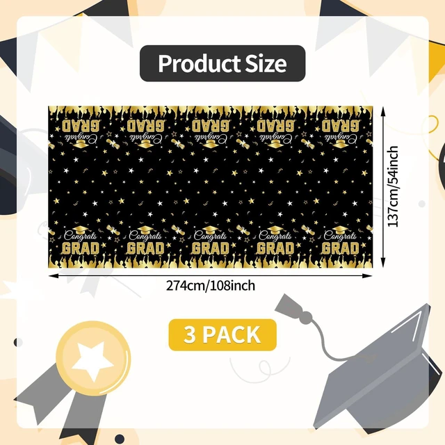 Alt view image 2 of 7 - 3-Piece 54 x 108 Inch Graduation Plastic Tablecloth - Congrats Grad Design Disposable Rectangle Table Cover for College High School Class of 2026 Graduation Party Supplies Indoor Outdoor (Black)