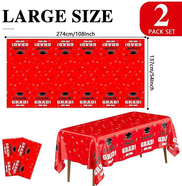 Alt view image 2 of 13 - Graduation Tablecloth Graduation Party Decorations 2026, 2 PCS Congrats Grad Tablecloth, Red and Black Plastic Disposable Rectangle Table Cloth Class of 2026 for Graduation Party Supplies, 108"x54"
