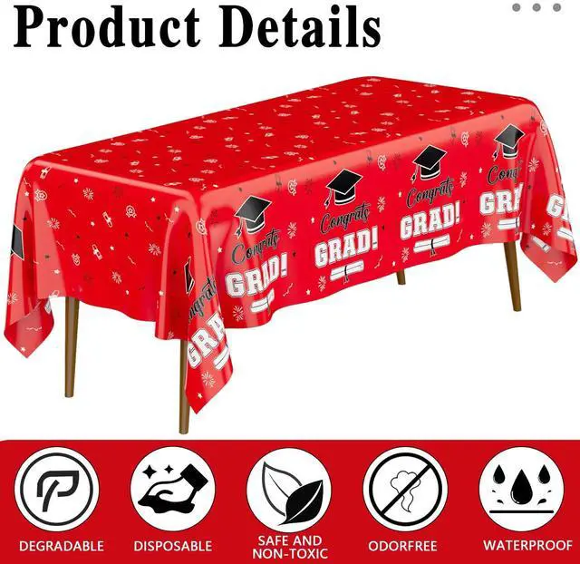 Alt view image 3 of 13 - Graduation Tablecloth Graduation Party Decorations 2026, 2 PCS Congrats Grad Tablecloth, Red and Black Plastic Disposable Rectangle Table Cloth Class of 2026 for Graduation Party Supplies, 108"x54"