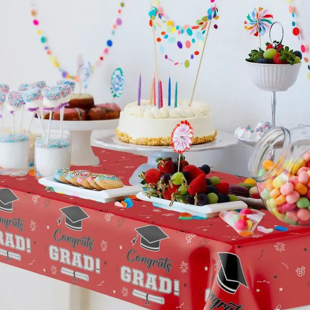 Alt view image 4 of 13 - Graduation Tablecloth Graduation Party Decorations 2026, 2 PCS Congrats Grad Tablecloth, Red and Black Plastic Disposable Rectangle Table Cloth Class of 2026 for Graduation Party Supplies, 108"x54"