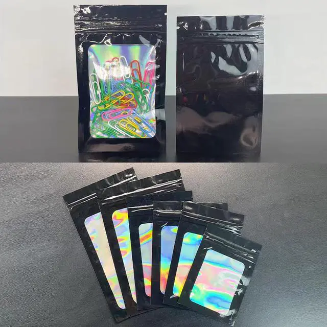 Alt view image 7 of 7 - 100 Pieces Smell Proof Bags Holographic Piecesaging Bags Storage Bag with Clear Window for Food Storage (Black Color,2.4 * 3.9 Inch)