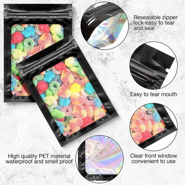 Alt view image 5 of 7 - 100 Pieces Smell Proof Bags Holographic Piecesaging Bags Storage Bag with Clear Window for Food Storage (Black Color,2.4 * 3.9 Inch)