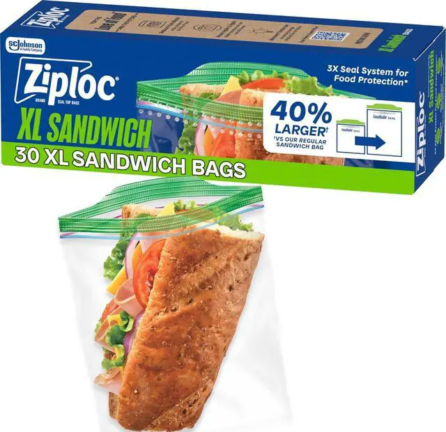 Main image of XL Sandwich and Snack Bags, Easy Open and Close, Plastic Food Storage Bags, 30 Bags Total