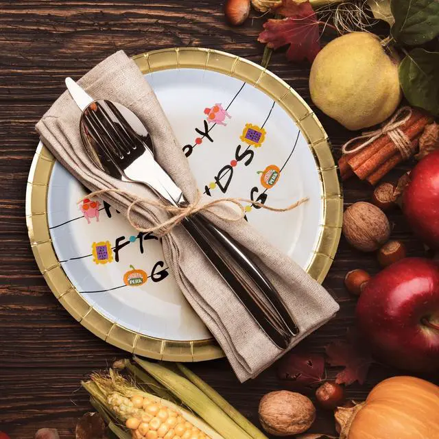 Alt view image 3 of 7 - Thanksgiving Paper Plates, 50-Count Disposable Friendsgiving Dinner Plates, Scalloped, Party Supplies, Sitcom Themed
