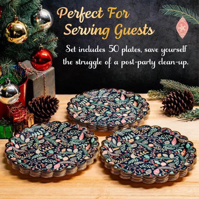 Alt view image 7 of 7 - Christmas Paper Plates, 50-Count Disposable Christmas Dinner Plates, Scalloped Gold, Party Supplies