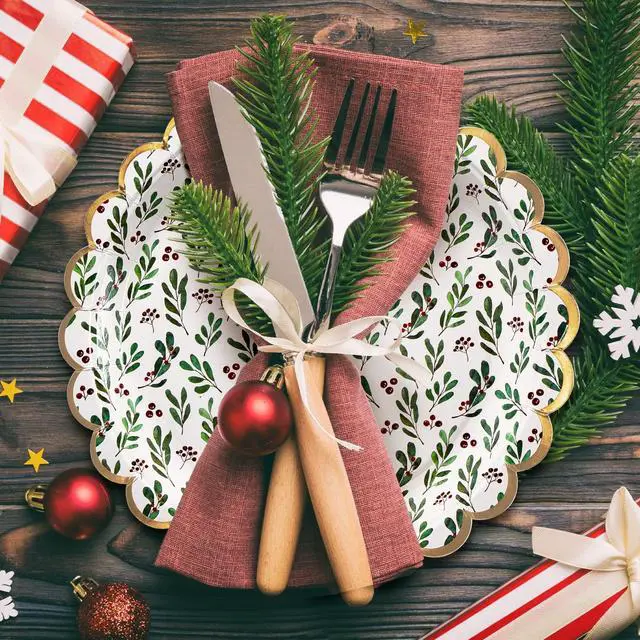 Alt view image 3 of 7 - Christmas Paper Plates, 50-Count Disposable Christmas Party Supplies, Holly, Gold Foil Scalloped Edge, 9 Inches