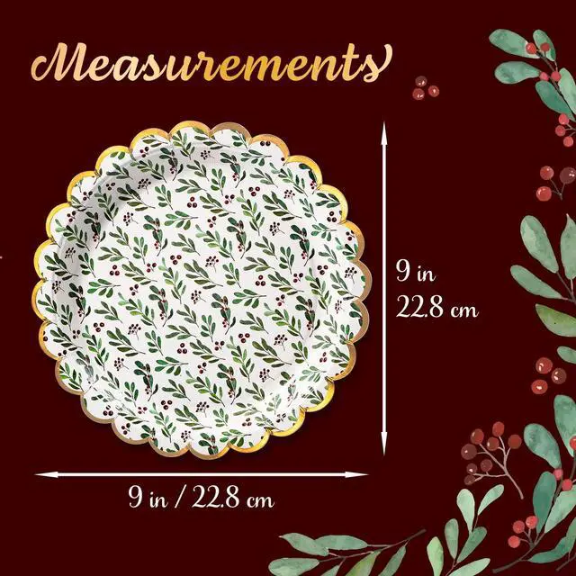 Alt view image 4 of 7 - Christmas Paper Plates, 50-Count Disposable Christmas Party Supplies, Holly, Gold Foil Scalloped Edge, 9 Inches