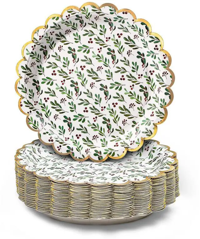Main image of Christmas Paper Plates, 50-Count Disposable Christmas Party Supplies, Holly, Gold Foil Scalloped Edge, 9 Inches