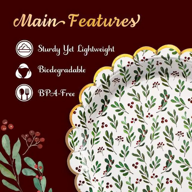 Alt view image 5 of 7 - Christmas Paper Plates, 50-Count Disposable Christmas Party Supplies, Holly, Gold Foil Scalloped Edge, 9 Inches