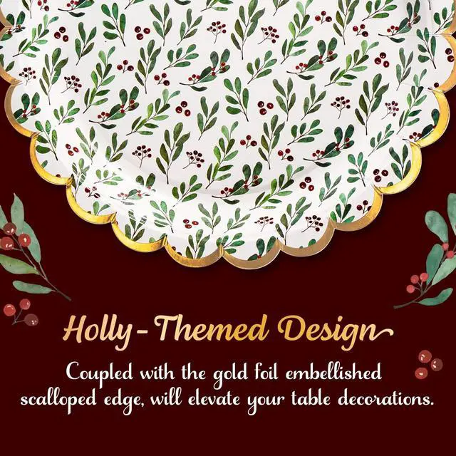 Alt view image 6 of 7 - Christmas Paper Plates, 50-Count Disposable Christmas Party Supplies, Holly, Gold Foil Scalloped Edge, 9 Inches