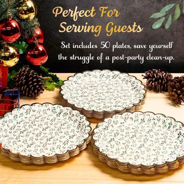 Alt view image 7 of 7 - Christmas Paper Plates, 50-Count Disposable Christmas Party Supplies, Holly, Gold Foil Scalloped Edge, 9 Inches