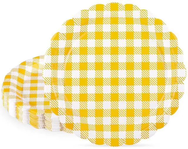 Main image of 30 Pcs Yellow Gingham Paper Plates, 7 Inch Scalloped Dessert Plates | Thick Coated Paper, Oil- And Water-Resistant, Disposable, For Birthdays, Picnics, Spring And Baby Shower Parties