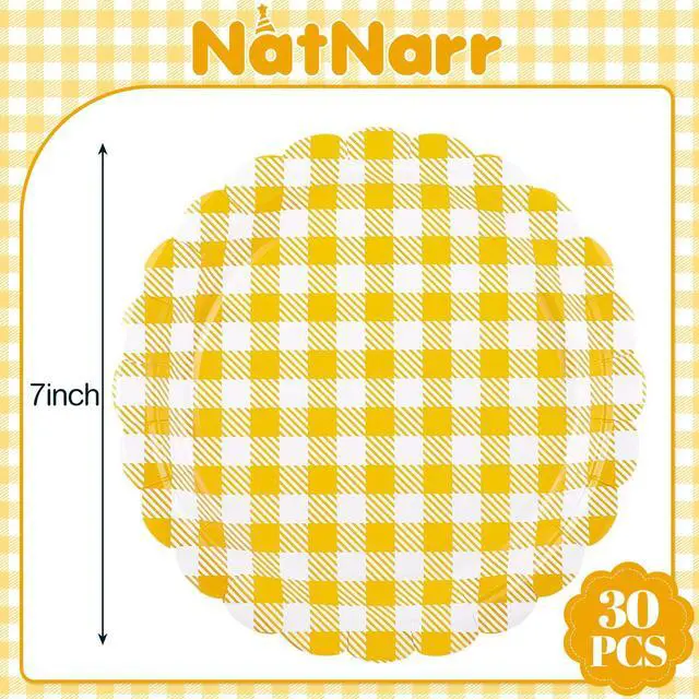 Alt view image 2 of 7 - 30 Pcs Yellow Gingham Paper Plates, 7 Inch Scalloped Dessert Plates | Thick Coated Paper, Oil- And Water-Resistant, Disposable, For Birthdays, Picnics, Spring And Baby Shower Parties