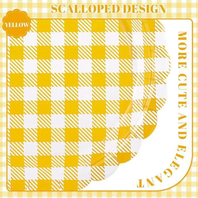 Alt view image 3 of 7 - 30 Pcs Yellow Gingham Paper Plates, 7 Inch Scalloped Dessert Plates | Thick Coated Paper, Oil- And Water-Resistant, Disposable, For Birthdays, Picnics, Spring And Baby Shower Parties
