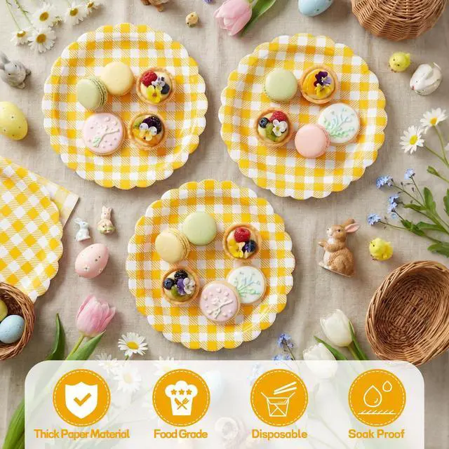 Alt view image 4 of 7 - 30 Pcs Yellow Gingham Paper Plates, 7 Inch Scalloped Dessert Plates | Thick Coated Paper, Oil- And Water-Resistant, Disposable, For Birthdays, Picnics, Spring And Baby Shower Parties