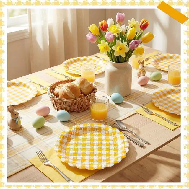 Alt view image 5 of 7 - 30 Pcs Yellow Gingham Paper Plates, 7 Inch Scalloped Dessert Plates | Thick Coated Paper, Oil- And Water-Resistant, Disposable, For Birthdays, Picnics, Spring And Baby Shower Parties